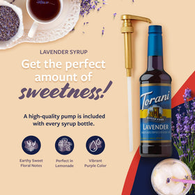 Close-up of Torani Lavender syrup being poured to flavor drinks