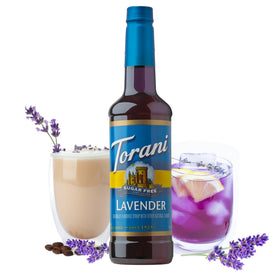 Torani Sugar Free Lavender Syrup being poured into a glass for zero sugar beverages