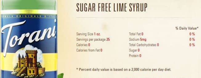 Torani Sugar Free Lime Syrup bottle on bar counter for quick flavor boosts.