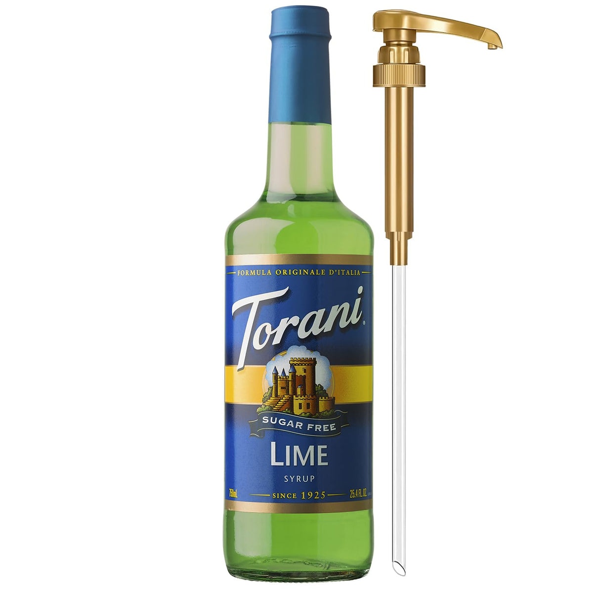Torani Sugar-Free Lime syrup bottle with pump for easy, mess-free flavoring
