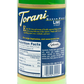 Torani Sugar Free Lime Syrup close ingredient shot highlighting Splenda for low-carb flavor.