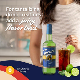 Close-up of Torani Sugar-Free Lime syrup glass bottle with pump