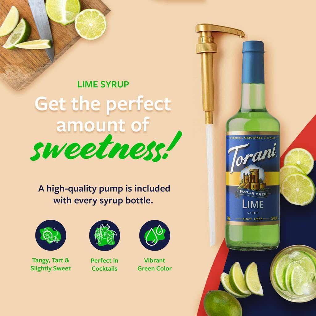 Torani Sugar-Free Lime syrup being poured into a drink for flavor
