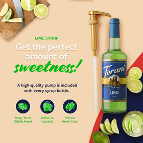 Torani Sugar-Free Lime syrup being poured into a drink for flavor