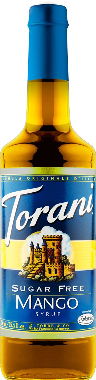Torani Sugar Free Mango Syrup bottle boosts mango flavor in coffee and beverages.
