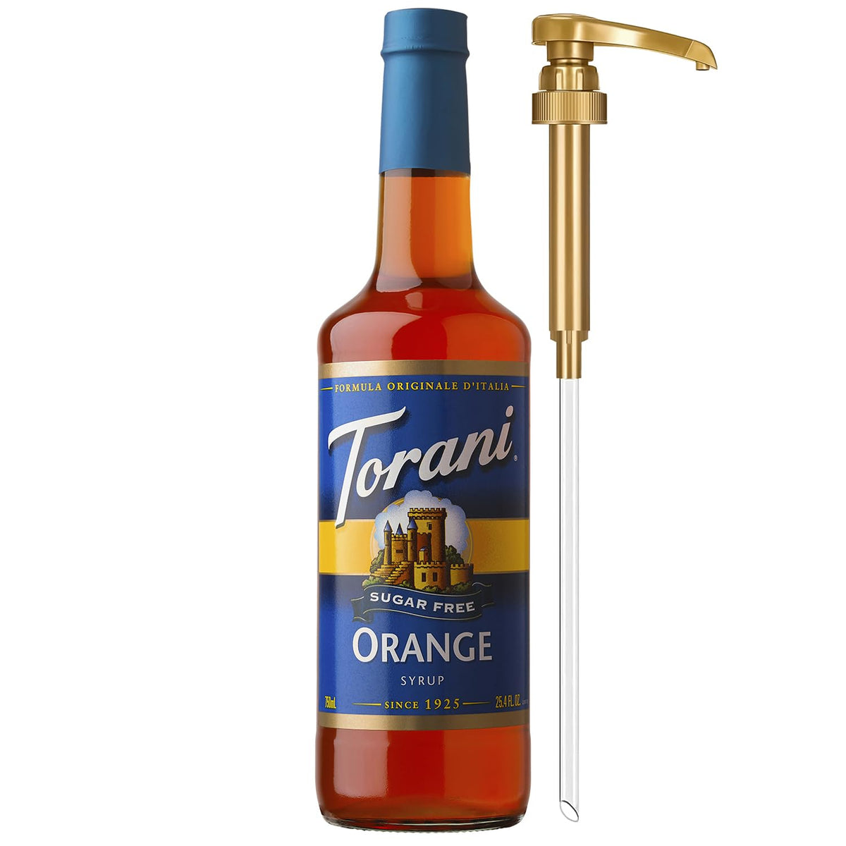 Torani Sugar-Free Orange Syrup bottle on counter for zero calorie flavoring.