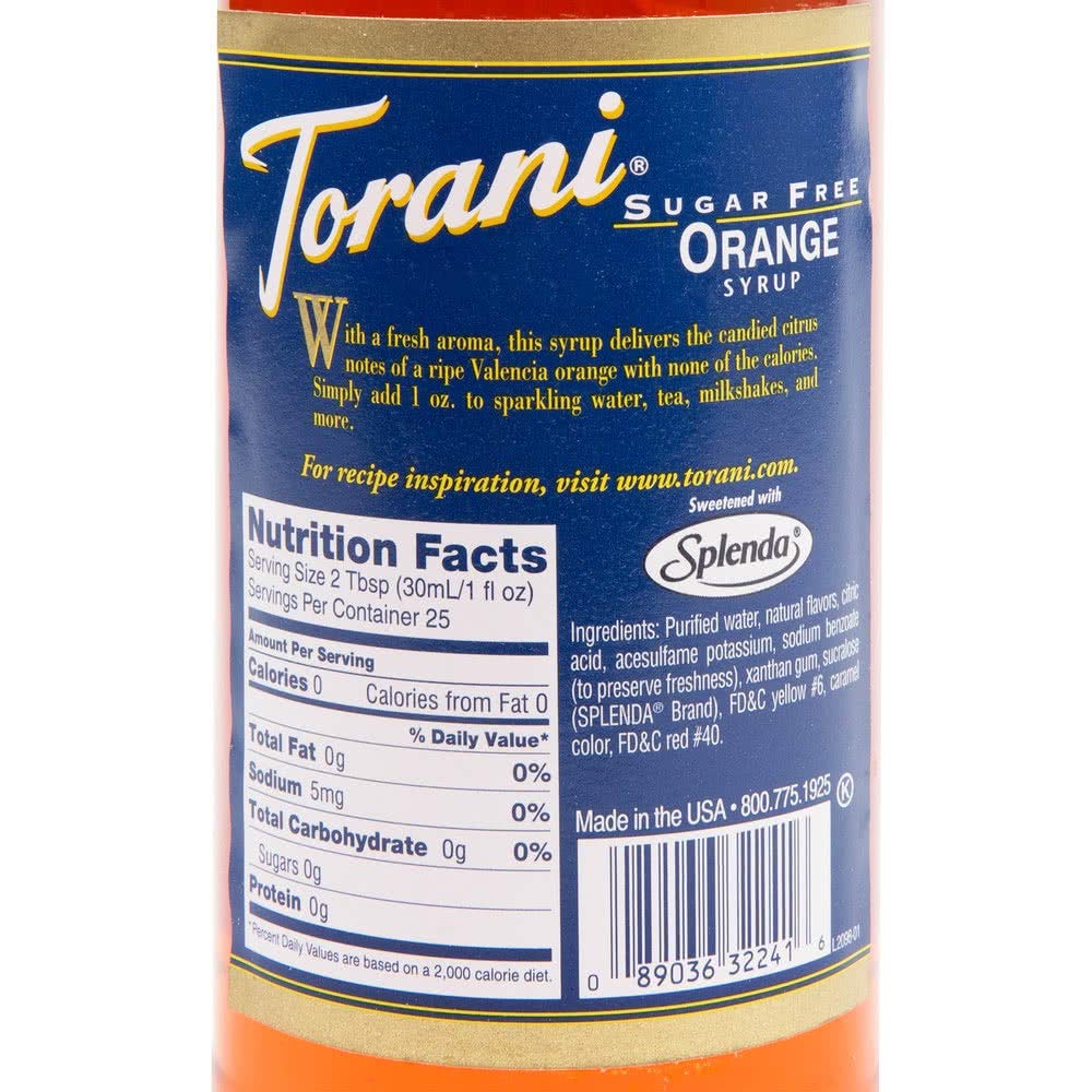 Torani sugar-free orange syrup close-up bottle in a kitchen setting