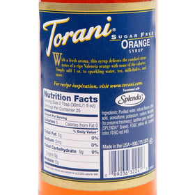 Torani sugar-free orange syrup close-up bottle in a kitchen setting