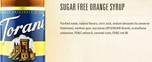 Torani sugar-free orange syrup packaging and 750 ml bottle on display