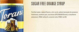 Torani sugar-free orange syrup packaging and 750 ml bottle on display