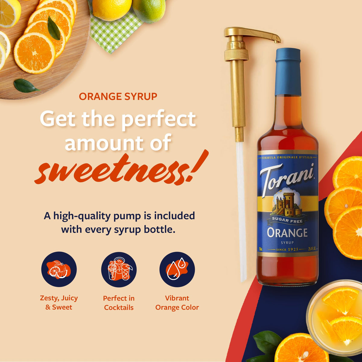 Torani Sugar-Free Orange Syrup pouring into glass for vibrant drinks.