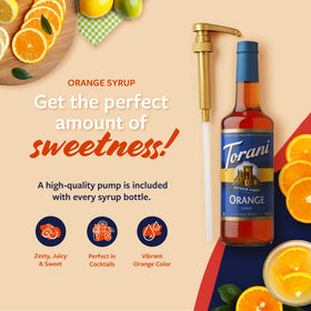 Torani Sugar-Free Orange Syrup pouring into glass for vibrant drinks.