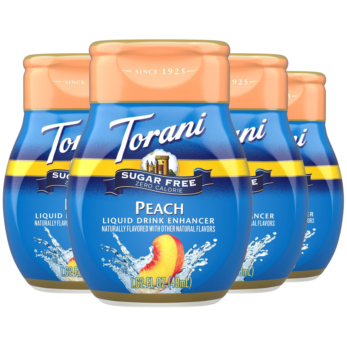 Torani Sugar Free Peach four-pack bottle on countertop for easy water flavoring