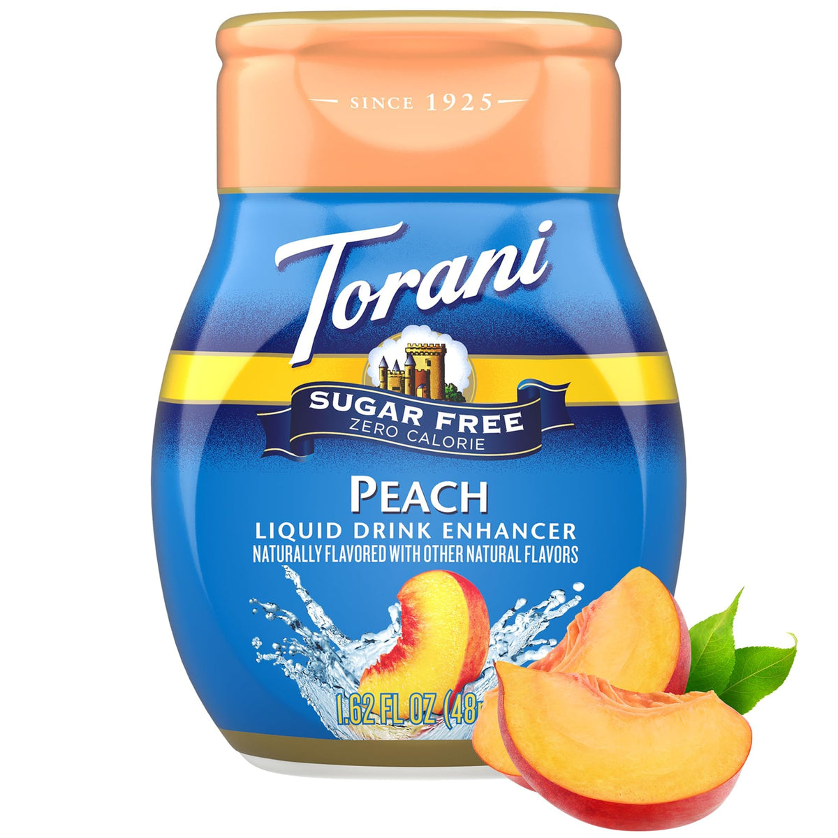 Closeup of Torani Peach bottle ready to flavor tea or water
