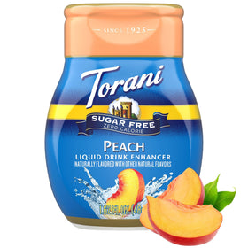 Closeup of Torani Peach bottle ready to flavor tea or water