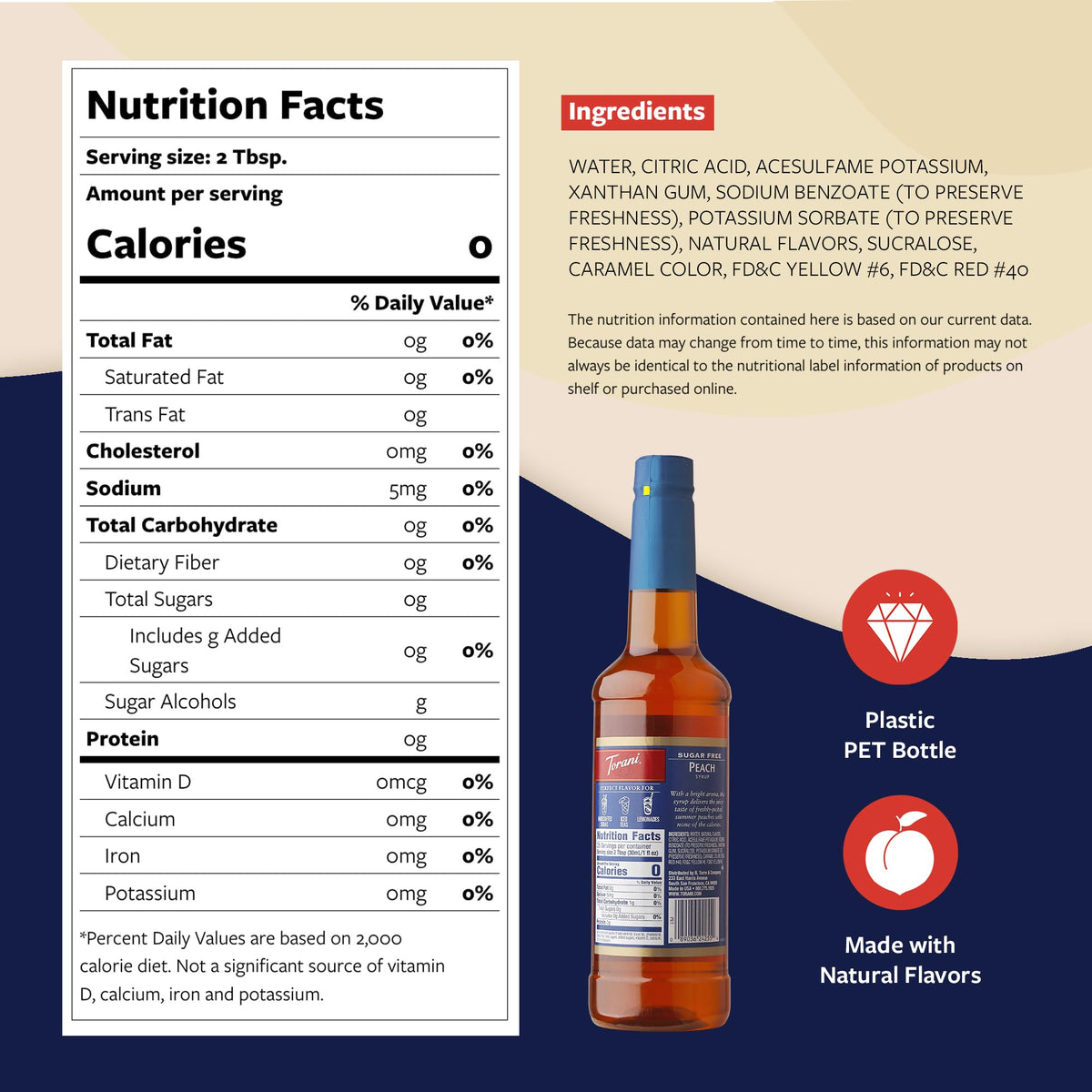 Torani Sugar Free Peach Syrup bottle on kitchen counter