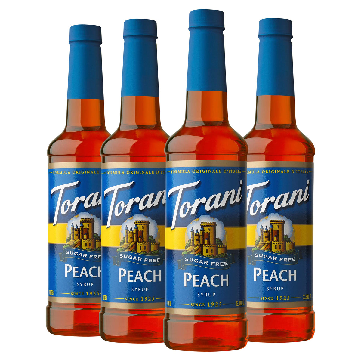 Torani Sugar Free Peach syrup bottle for zero-calorie peach flavor