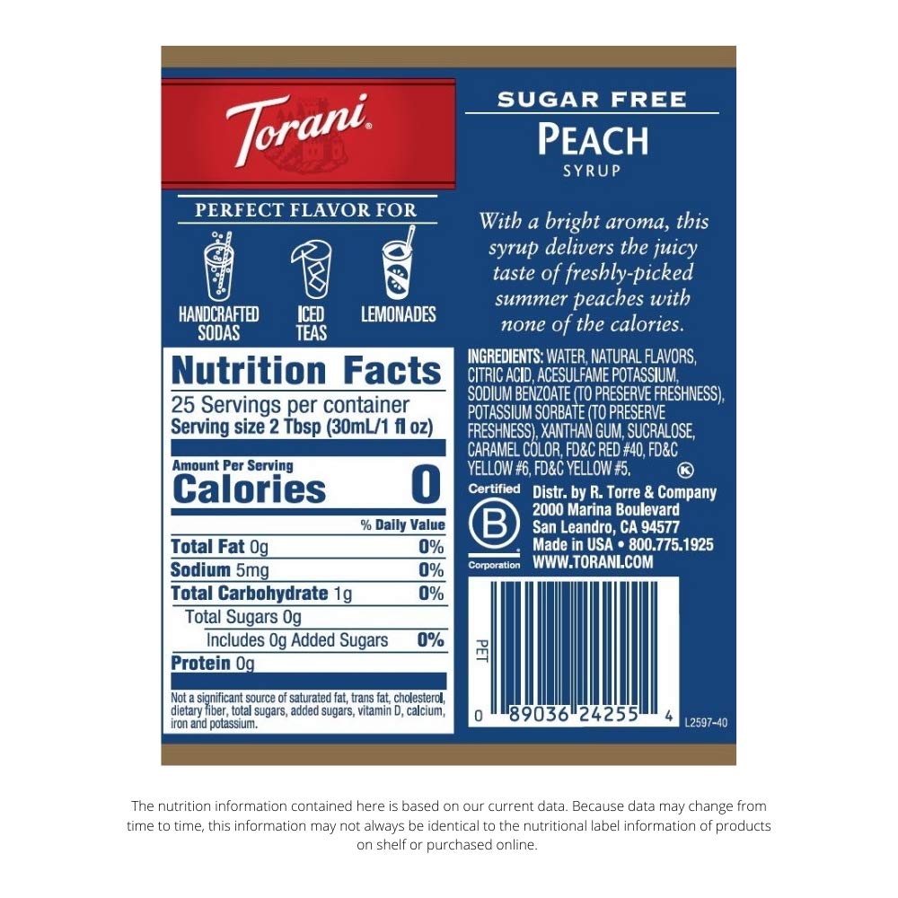 Torani Sugar Free Peach syrup pour over glass for keto-friendly beverages