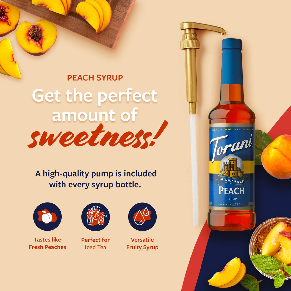 Close up Torani Sugar Free Peach Syrup label showcasing natural flavors