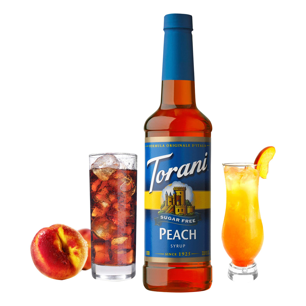 Torani Sugar Free Peach syrup being poured over a glass for iced tea
