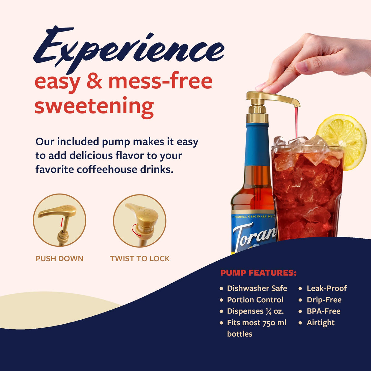 Pouring Torani Sugar Free Peach Syrup into a glass for a peachy drink
