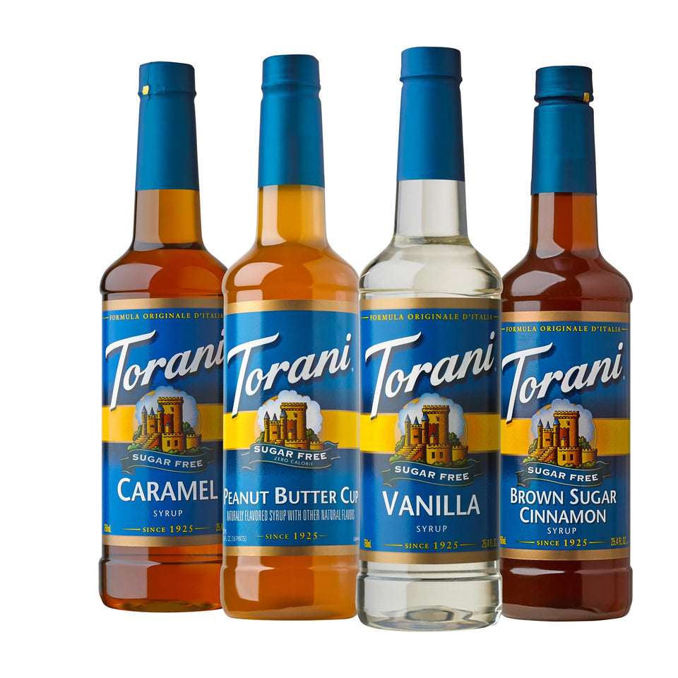 Torani Sugar Free Peanut Butter Cup bottle pouring over ice for a rich sugar-free latte