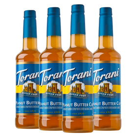 Torani Sugar Free Peanut Butter Cup bottle pouring into a cup for flavorful beverages