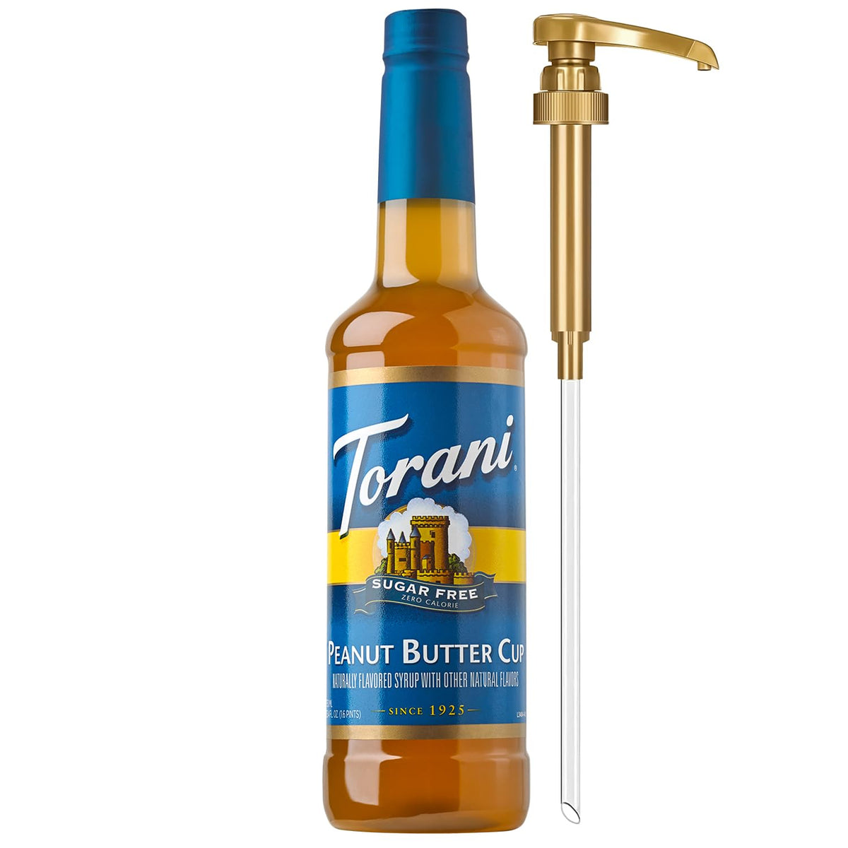 Torani sugar-free peanut butter cup syrup bottle with pump for calorie-free coffee flavoring.