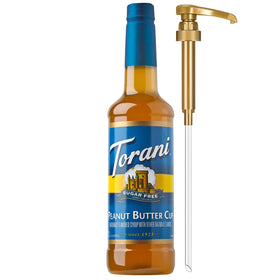 Torani sugar-free peanut butter cup syrup bottle with pump for calorie-free coffee flavoring.
