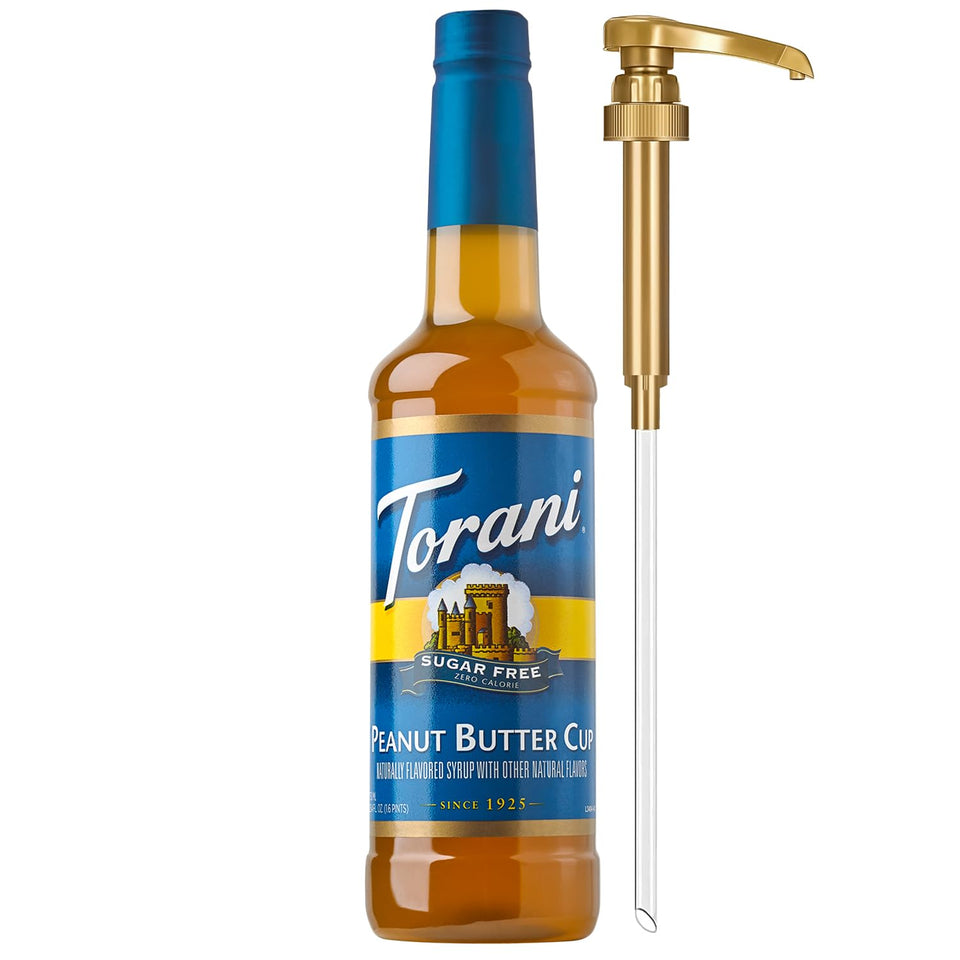Torani sugar-free peanut butter cup syrup bottle with pump for calorie-free coffee flavoring.