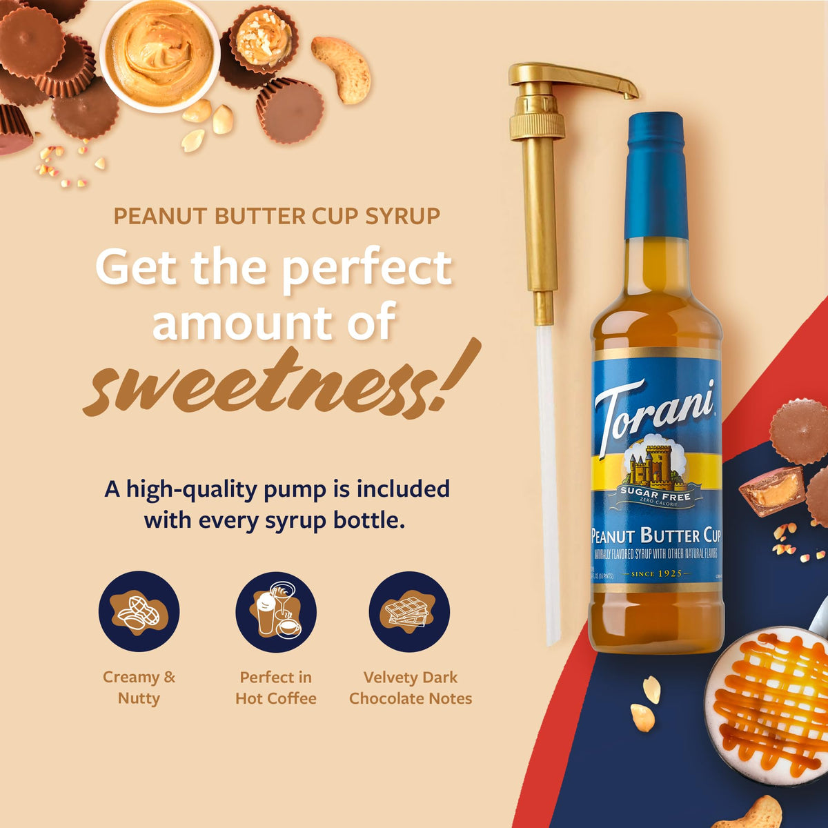 Torani sugar-free peanut butter cup syrup being poured into a latte.