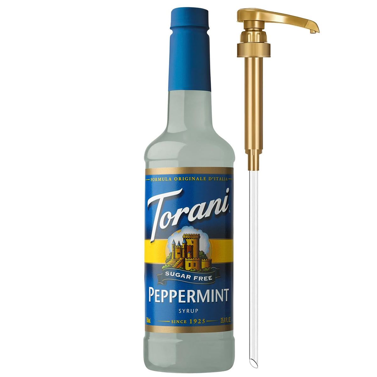Torani Sugar Free Peppermint Syrup bottle pours into a latte for a refreshing flavor.