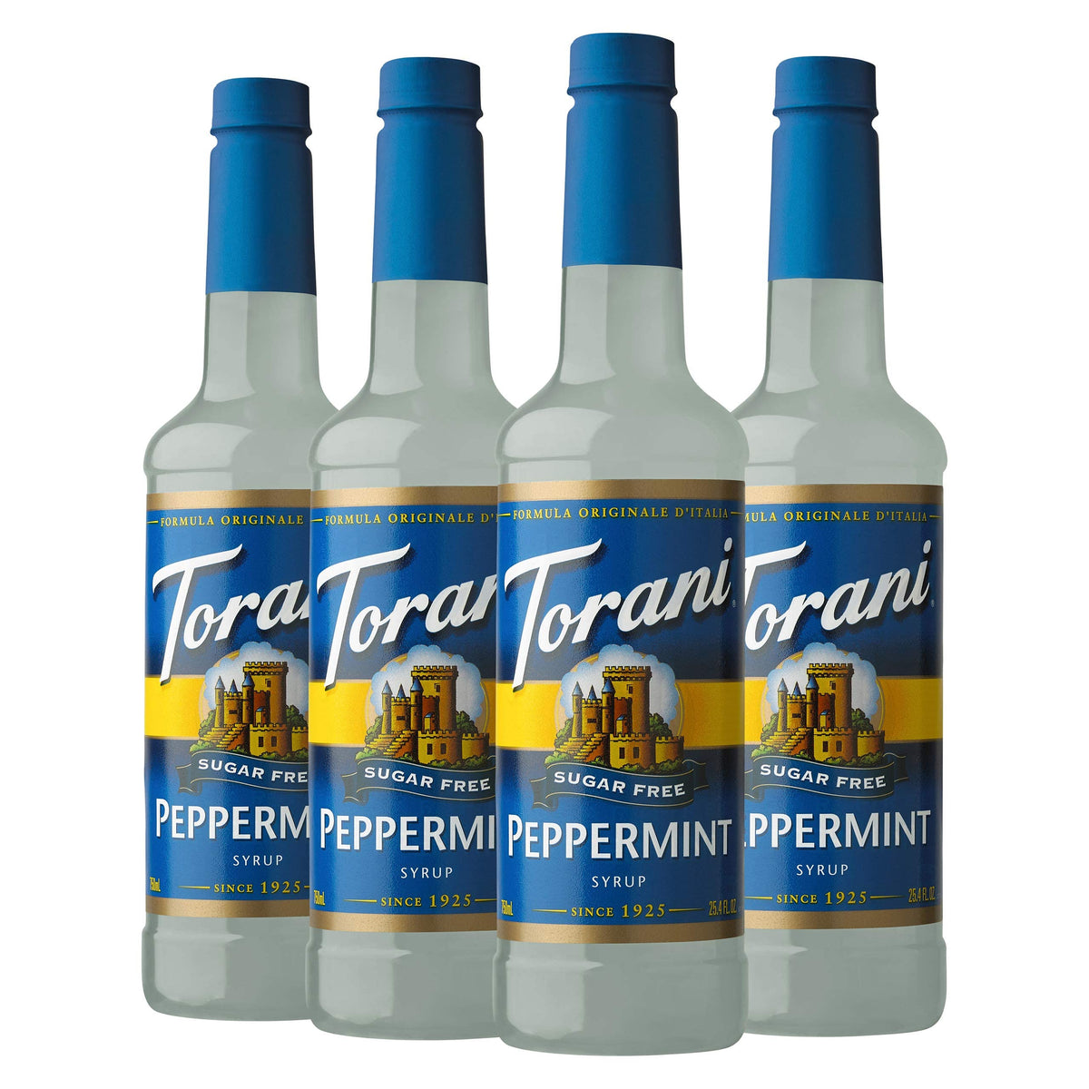 Torani Sugar Free Peppermint Syrup bottle for mint flavor in beverages.