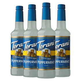 Torani Sugar Free Peppermint Syrup bottle for mint flavor in beverages.