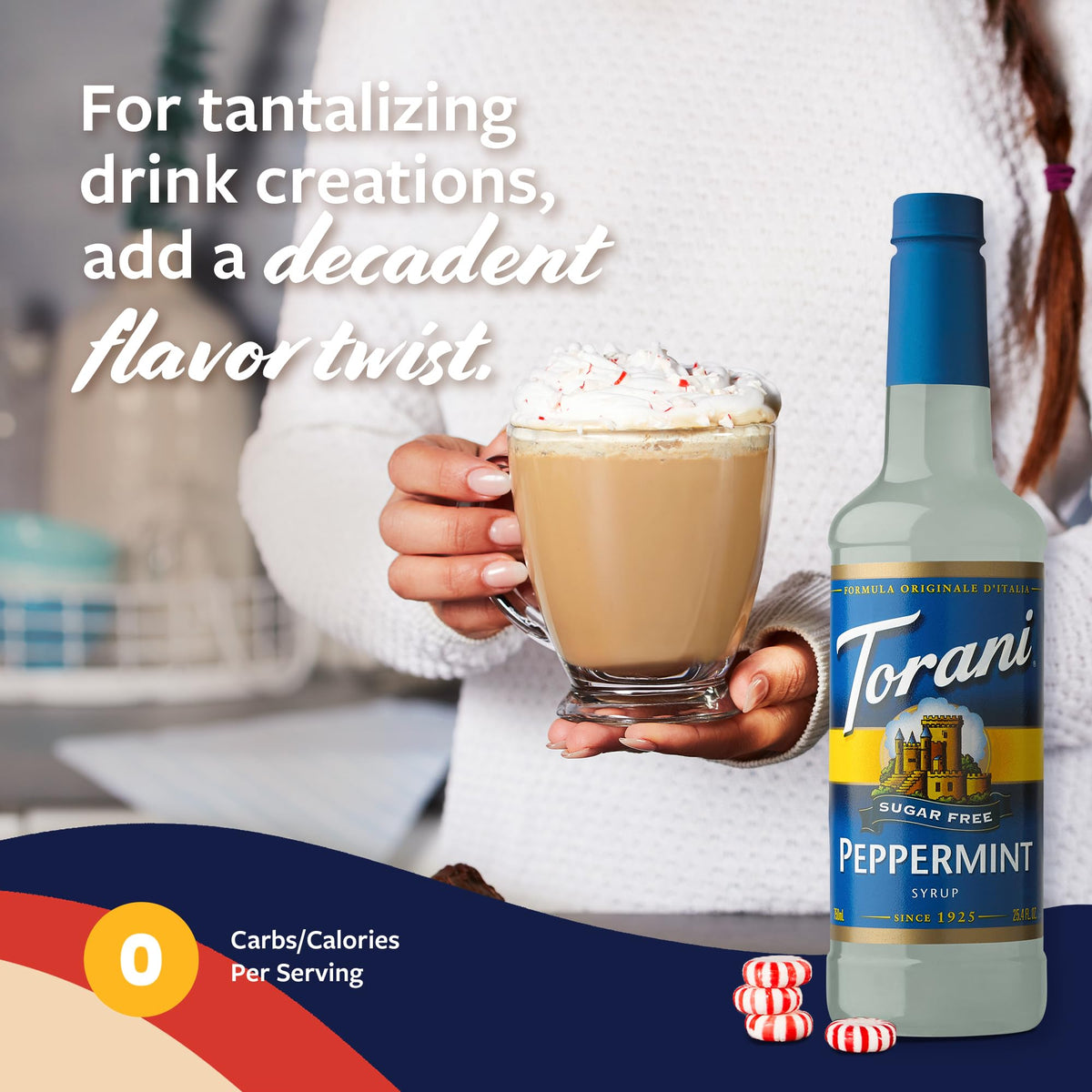 Iced coffee with a mint drizzle from Torani Sugar Free Peppermint Syrup.