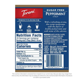 Packaging of Torani Sugar Free Peppermint Syrup shows four-pack convenience.