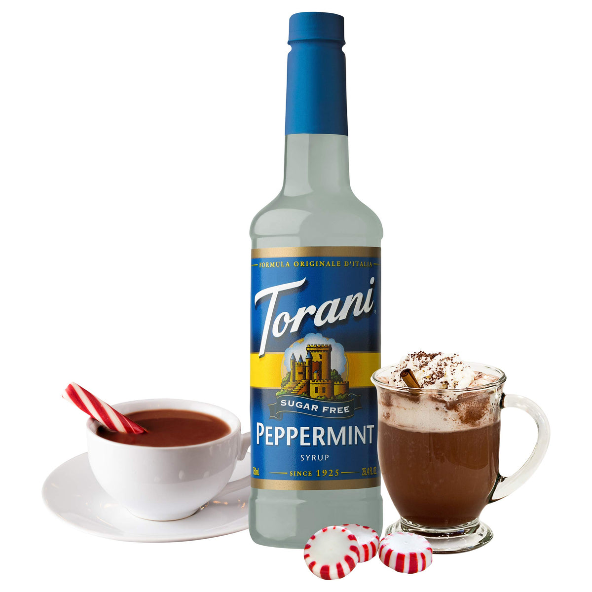Pouring Torani Sugar Free Peppermint Syrup adds zero calorie mint to lattes.
