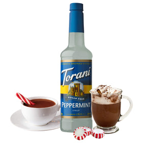 Pouring Torani Sugar Free Peppermint Syrup adds zero calorie mint to lattes.