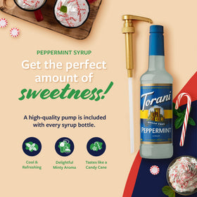 Pump dispensing Torani Sugar Free Peppermint Syrup adds peppermint sweetness to coffee.