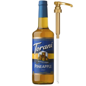 Torani sugar free pineapple syrup bottle with pump for mess-free sweetening in cocktails.