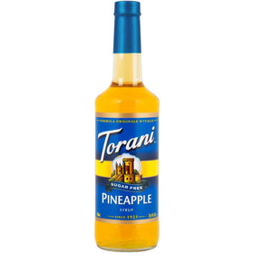 Torani Sugar-Free Pineapple Syrup bottle on a bar with tropical flavor and no added sugar