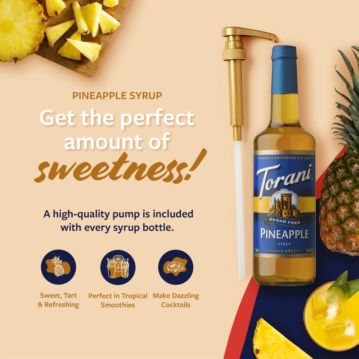 Torani sugar free pineapple syrup bottle beside cocktail ingredients for mixers.