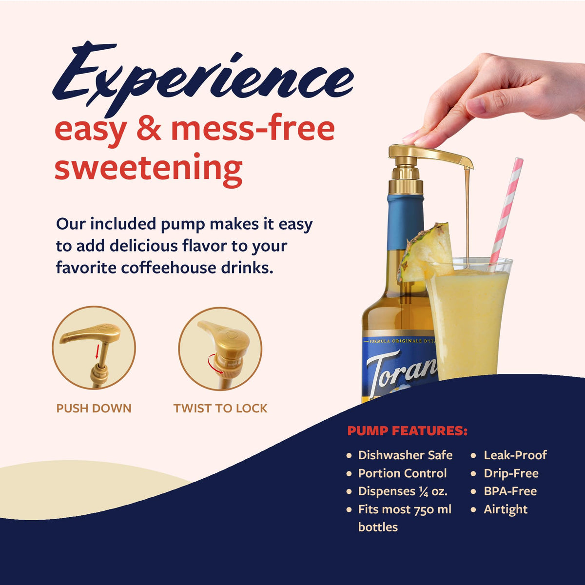 Torani sugar free pineapple syrup glass bottle shown with bar tools for drink crafting.