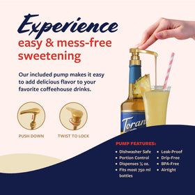 Torani sugar free pineapple syrup glass bottle shown with bar tools for drink crafting.
