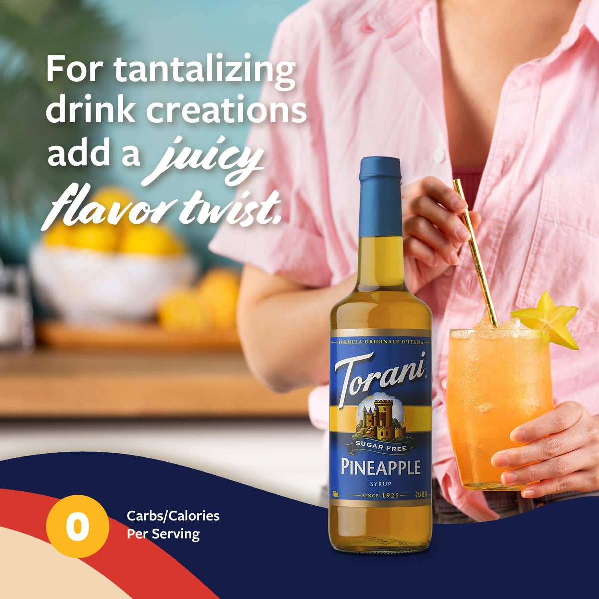 Torani sugar free pineapple syrup pump close-up shows mess-free dispensing.