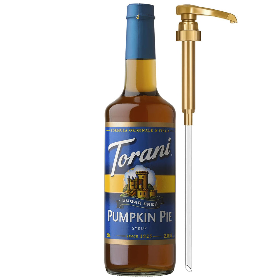 Torani sugar-free pumpkin pie syrup bottle adds festive flavor to drinks with zero calories.