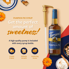 Torani pumpkin pie syrup glass bottle on counter ready for cozy lattes.