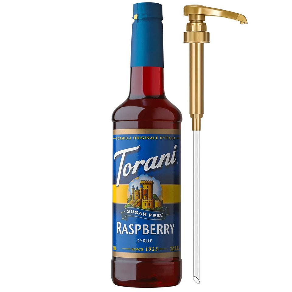 Torani Sugar Free Raspberry Syrup bottle with pump for mess-free sweetening.