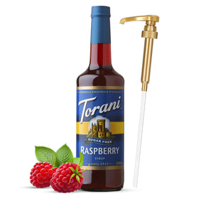 Torani Sugar Free Raspberry Syrup bottle with pump for easy flavoring.