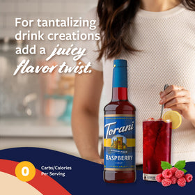 Torani Sugar Free Raspberry Syrup drizzled on a dessert for raspberry flavor.